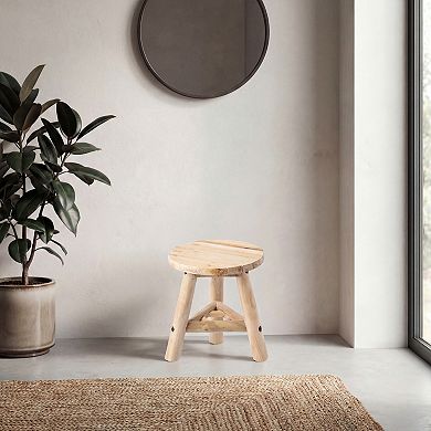 Cavezu Rustic Solid Teak Wood Round Accent Stool, Backless Footstool, Plant Stand & Side Table