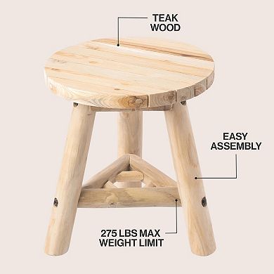 Cavezu Rustic Solid Teak Wood Round Accent Stool, Backless Footstool, Plant Stand & Side Table