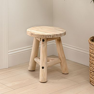 Cavezu Rustic Solid Teak Wood Round Accent Stool, Backless Footstool, Plant Stand & Side Table