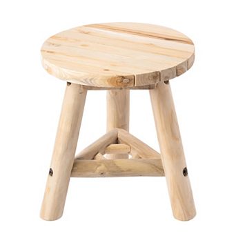 Cavezu Rustic Solid Teak Wood Round Accent Stool, Backless Footstool, Plant Stand & Side Table