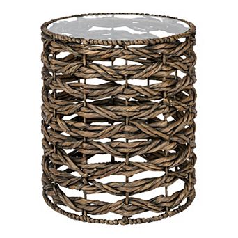 Malaya Bohemian Coastal Handwoven Water Hyacinth Open Weave Round End Table with Glass Top