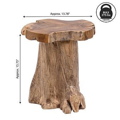 Guafu Rustic Solid Teak Wood Live Edge Tree Stump Stool, Organic Accent Side Table