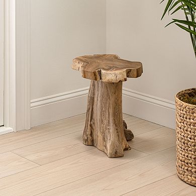 Guafu Rustic Solid Teak Wood Live Edge Tree Stump Stool, Organic Accent Side Table
