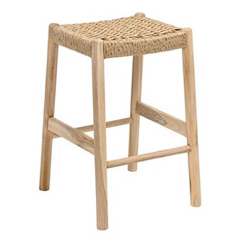 Eriiba Coastal Teak Wood Backless Indoor/Outdoor Counter Stool, Woven Synthetic Rattan Seat