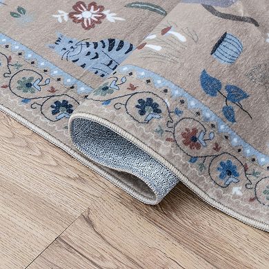 Catmosphere Festive Feline Floral Border Non-Slip Machine-Washable Rug