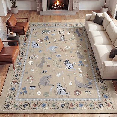 Catmosphere Festive Feline Floral Border Non-Slip Machine-Washable Rug