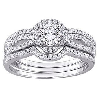 Stella Grace Rhodium Over Sterling Silver Halo Cubic Zirconia Split Shank Bridal Ring Set