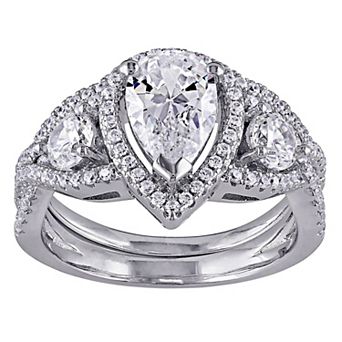 Stella Grace Sterling Silver Halo Pear & Round Cubic Zirconia Bridal Ring Set