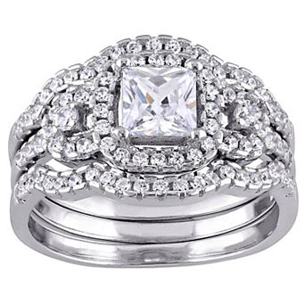 Stella Grace Sterling Silver Round & Square Shape Cubic Zirconia Halo Bridal Ring Set