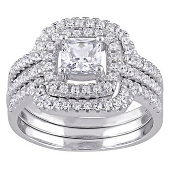 Stella Grace Rhodium Over Sterling Silver Round & Square Shape Cubic Zirconia Halo Bridal Ring Set