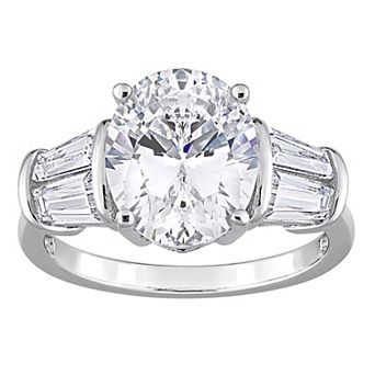 Stella Grace Rhodium Over Sterling Silver Baguette & Oval Cut Cubic Zirconia 3-Stone Cathedral Ring