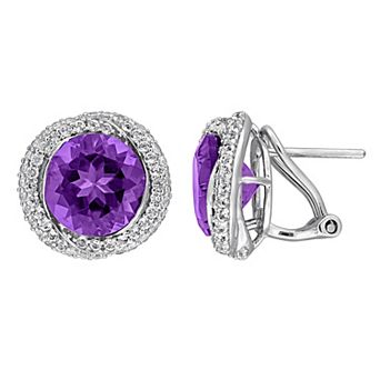 Stella Grace Sterling Silver Amethyst & White Topaz Bezel Pave Halo Earrings