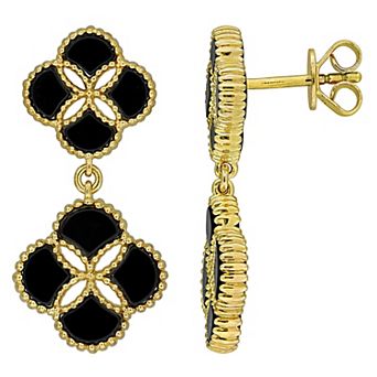 Stella Grace 18k Gold over Sterling Silver Black Agate Quatrefoil Drop Earrings