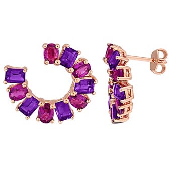 Stella Grace 18k Rose Gold over Sterling Silver Rhodolite & African Amethyst Octagon & Oval Curved Earrings