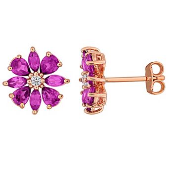 Stella Grace 18k Rose Gold over Sterling Silver Rhodolite & White Topaz Flower Stud Earrings