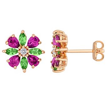 Stella Grace 18k Rose Gold over Sterling Silver Multi Gemstone Flower Stud Earrings