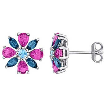 Stella Grace Sterling Silver Multi Gemstone Flower Stud Earrings