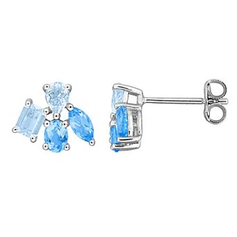 Stella Grace Sterling Silver Swiss & Sky Blue Topaz Floral Stud Earrings