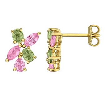Stella Grace 18k Gold over Sterling Silver Green & Pink Sapphire Cluster Earrings
