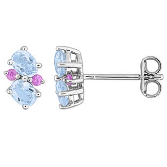 Stella Grace Sterling Silver Pink Sapphire & Sky Blue Topaz Cluster Earrings