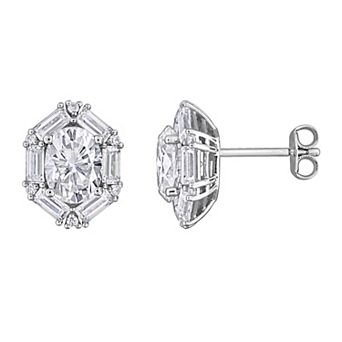 Stella Grace Sterling Silver Lab-Created Moissanite Baguette & Oval Cluster Earrings