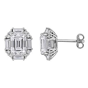 Stella Grace Sterling Silver Lab-Created Moissanite Baguette & Round Cluster Earrings