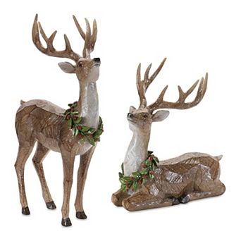 Melrose Glittered Deer with Holly Wreath Table Decor Set of 2