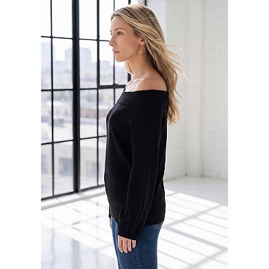 Roaman's Women's Plus Size Off-The-Shoulder Blouson Sleeve Sweater