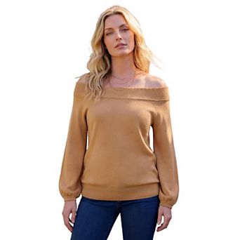 Roaman's Women's Plus Size Off-The-Shoulder Blouson Sleeve Sweater