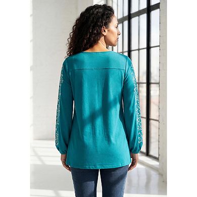 Roaman's Women's Plus Size Notch Neck Embroidered Peasant Tunic