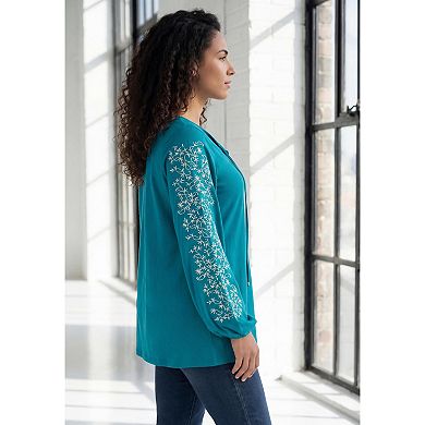 Roaman's Women's Plus Size Notch Neck Embroidered Peasant Tunic