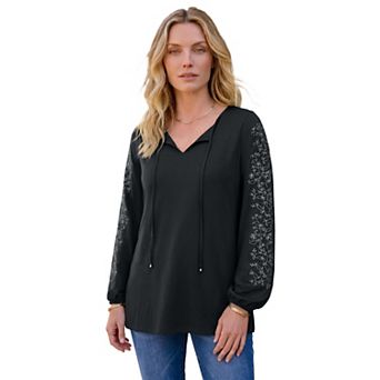 Roaman's Women's Plus Size Notch Neck Embroidered Peasant Tunic