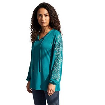 Roaman's Women's Plus Size Notch Neck Embroidered Peasant Tunic