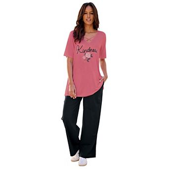 Roaman's Women's Plus Size Lace-Up V-Neck Short Sleeve Print Tunic