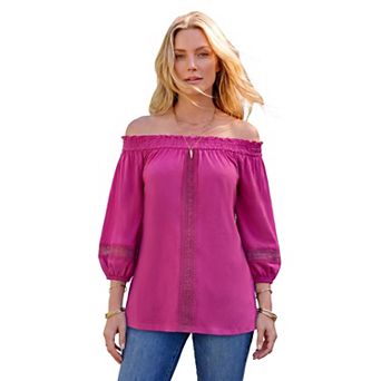 Roaman's Women's Plus Size Lace Off-The-Shoulder Blouson Sleeve Tunic