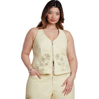 ELOQUII Women's Plus Size Floral Embroidery Denim Vest