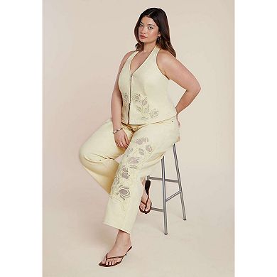 ELOQUII Women's Plus Size Floral Embroidery Denim Vest