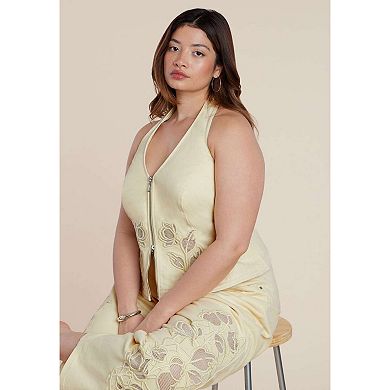 ELOQUII Women's Plus Size Floral Embroidery Denim Vest