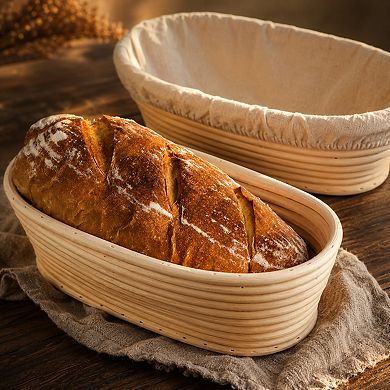 10 Inch Oval Banneton Bread Proofing Baskets 2 Pack With Liners For Sourdough Baking