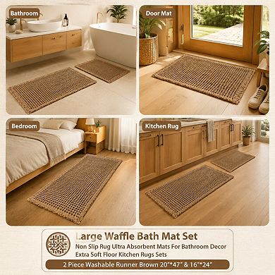2 Piece Waffle Bath Mat Set Non Slip Ultra Absorbent Washable Soft Rugs