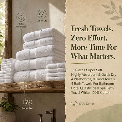 16 Piece Super Soft Absorbent Quick Dry Cotton Towel Set for Bathroom Spa Gym Travel