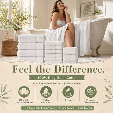 16 Piece Super Soft Absorbent Quick Dry Cotton Towel Set for Bathroom Spa Gym Travel