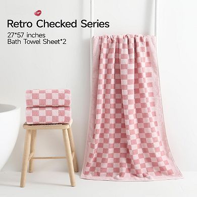 2 Piece Gingham Bath Towel Set Ultra Absorbent 100 Cotton Retro Decor