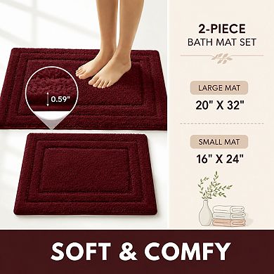 2 Piece Super Soft Absorbent Non Slip Washable Microfiber Bath Mat Set