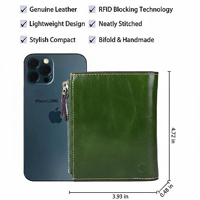 Genuine Leather RFID Blocking Compact Bifold Wallet Card Case with ID Window