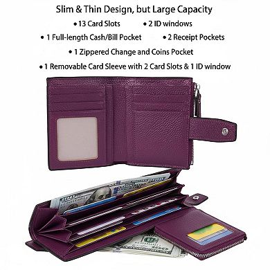 Genuine Leather RFID Blocking Compact Bifold Wallet Card Case with ID Window