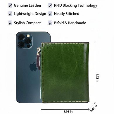 Genuine Leather RFID Blocking Compact Bi-fold Wallet with ID Window Card Slots