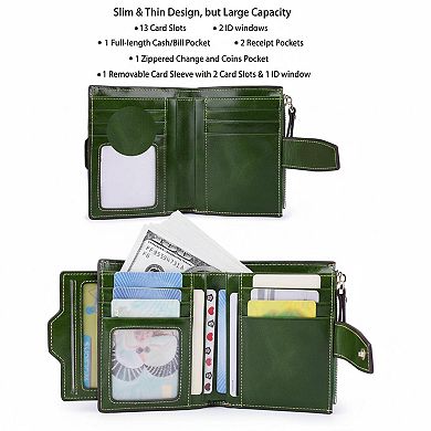 Genuine Leather RFID Blocking Compact Bi-fold Wallet with ID Window Card Slots