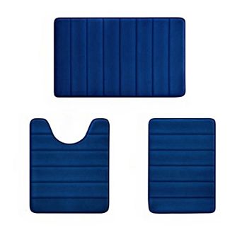 3 pc Navy Memory Foam Bath Mat Set, Super Soft Non-Slip Bathroom Floor Rugs