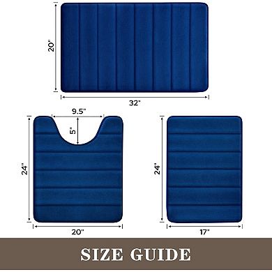 3-Piece Navy Memory Foam Bath Mat Set, Super Soft Non-Slip Bathroom Floor Rugs